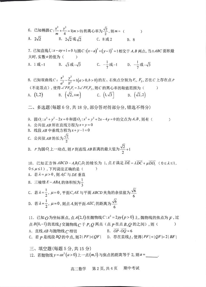 河南省郑州市郑州外国语学校2024-2025学年高二上学期11月期中考试数学试题第2页
