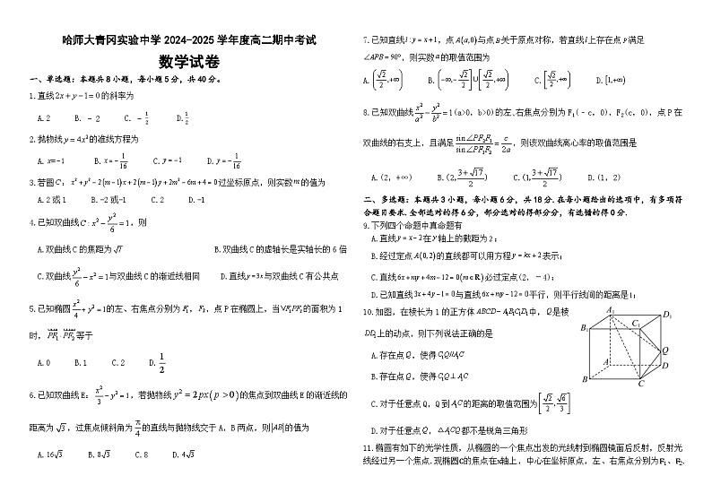 黑龙江省绥化市哈尔滨师范大学青冈实验中学2024-2025学年高二上学期期中考试数学试题第1页