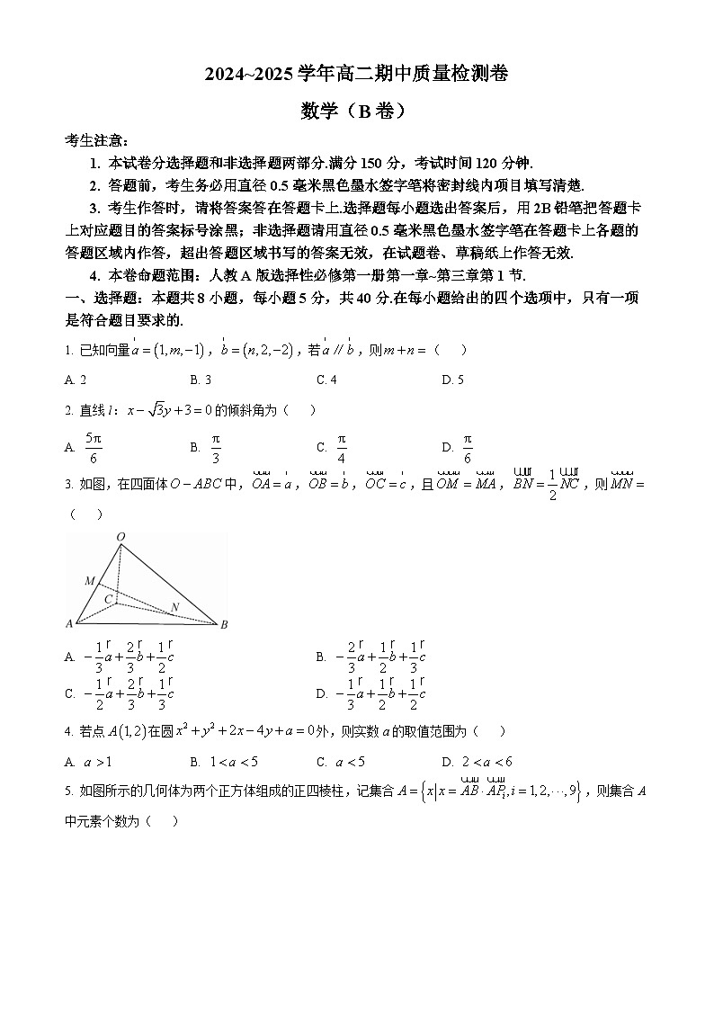 山西省部分学校2024-2025学年高二上学期期中质量检测数学试题（B卷）第1页