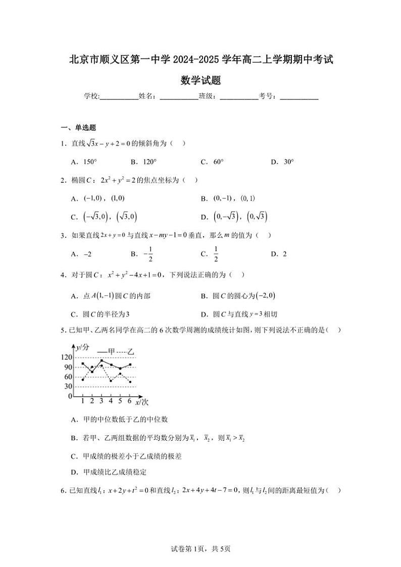 2024～2025学年北京市顺义区第一中学高二(上)期中数学试卷(含答案)第1页