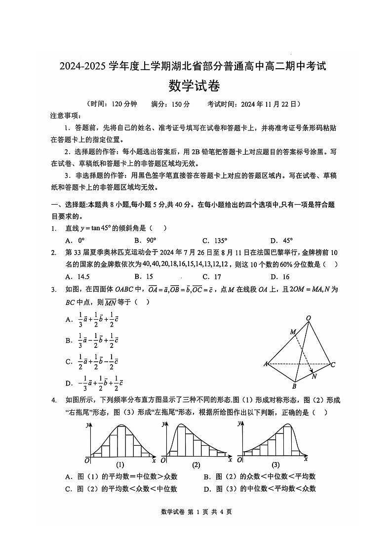 湖北省部分普通高中2024-2025学年高二上学期期中考试数学试卷第1页