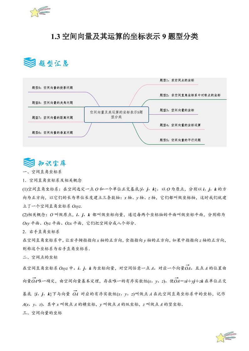 1.3空间向量及其运算的坐标表示9题型分类（讲+练）（学生版） 2024-2025学年高二数学《考点·题型 ·技巧》精讲与精练高分突破系列（人教A版2019选择性必修第一册）第1页
