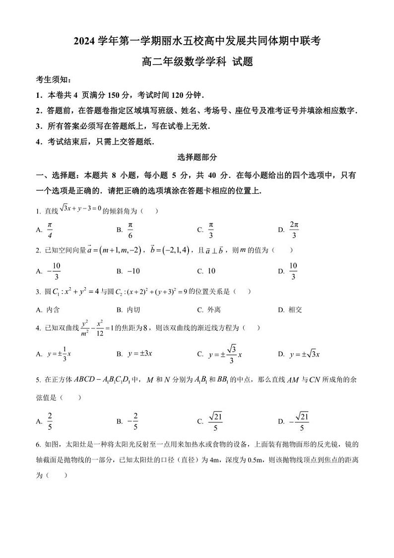 浙江省丽水市五校高中发展共同体2024～2025学年高二(上)期中联考数学试卷(含答案)第1页
