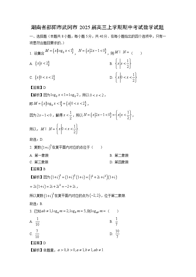 2025届湖南省邵阳市武冈市高三(上)期中数学试卷(解析版)第1页