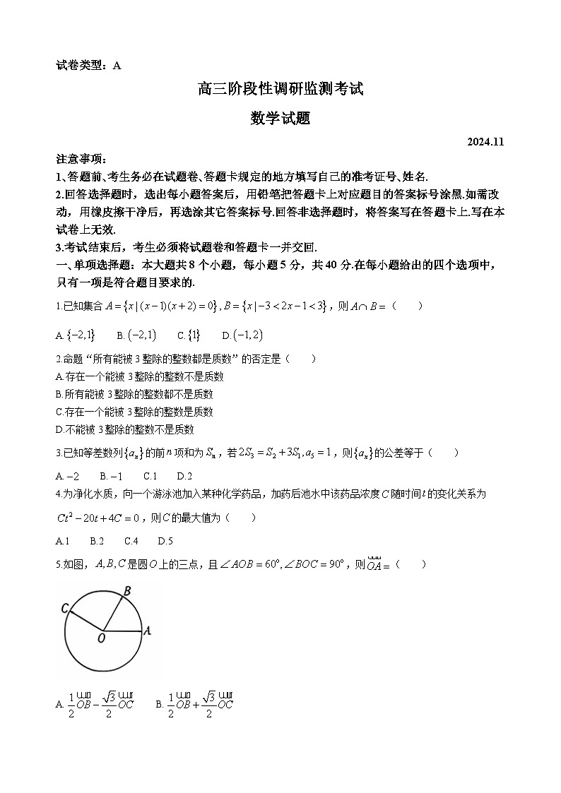 山东省潍坊市2025届高三期中阶段性调研监测考试数学试题+答案第1页
