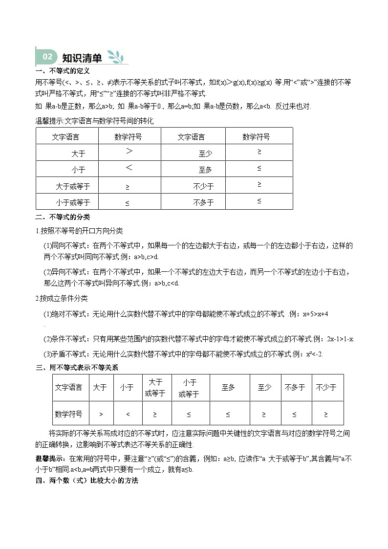 专题03 等式性质与不等式性质（思维导图+知识清单+核心素养分析+方法归纳）第2页