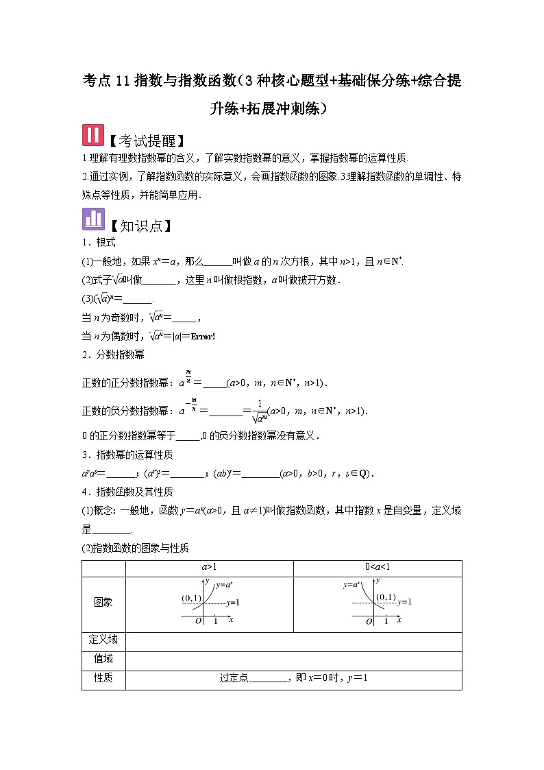 考点11指数与指数函数（3种核心题型+基础保分练+综合提升练+拓展冲刺练）原卷版第1页