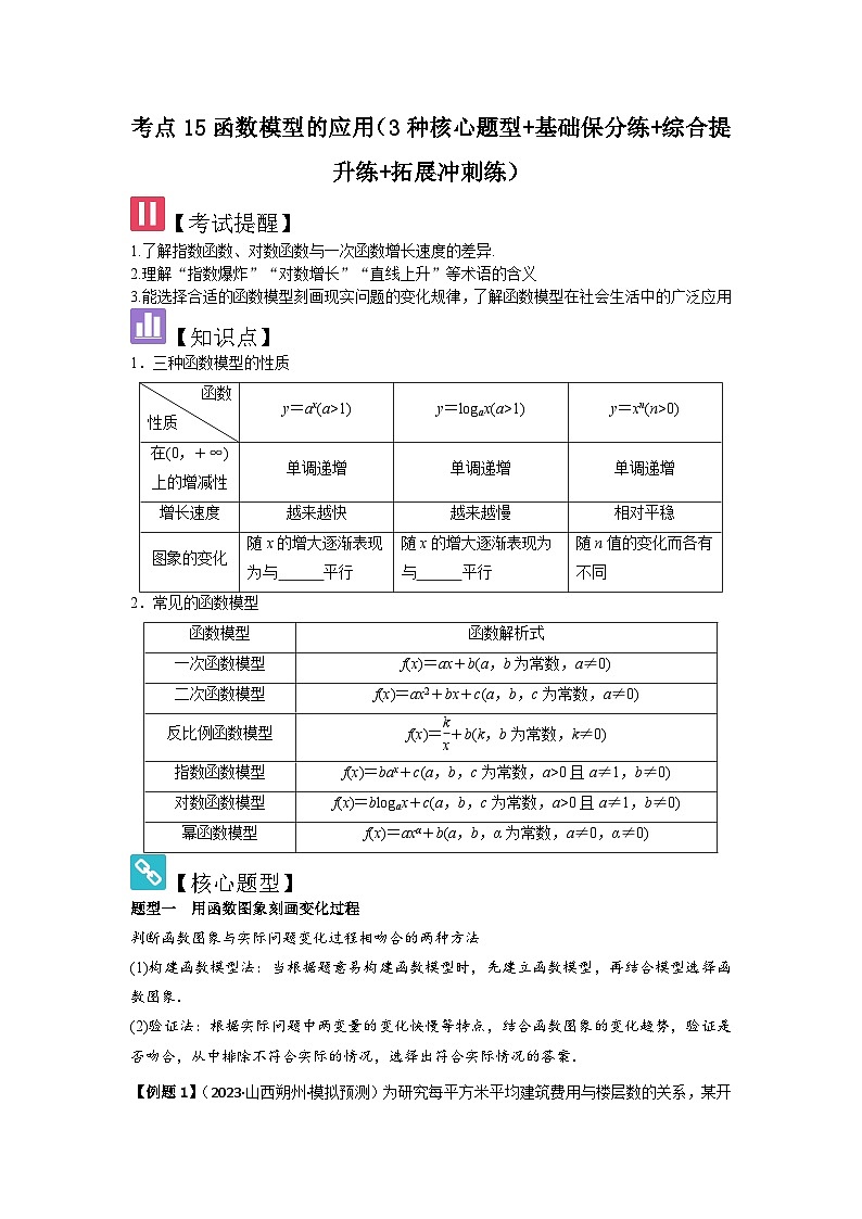 考点15函数模型的应用（3种核心题型+基础保分练+综合提升练+拓展冲刺练）原卷版第1页