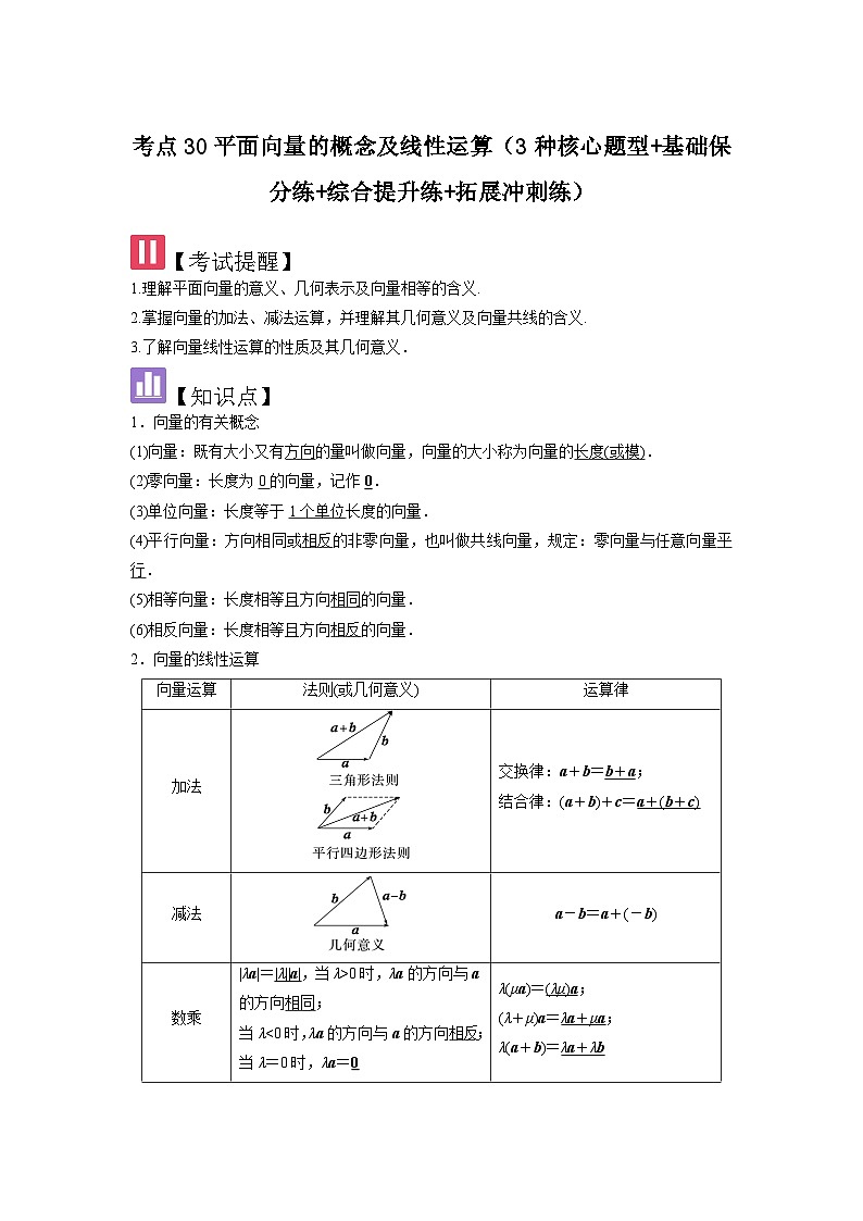 考点30平面向量的概念及线性运算（3种核心题型+基础保分练+综合提升练+拓展冲刺练）解析版第1页