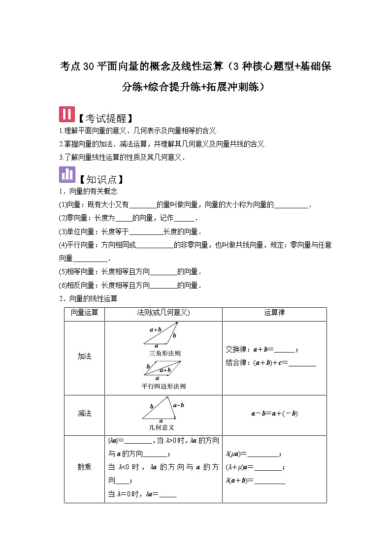 考点30平面向量的概念及线性运算（3种核心题型+基础保分练+综合提升练+拓展冲刺练）原卷版第1页