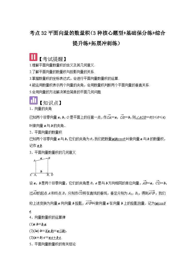 考点32平面向量的数量积（3种核心题型+基础保分练+综合提升练+拓展冲刺练）解析版第1页