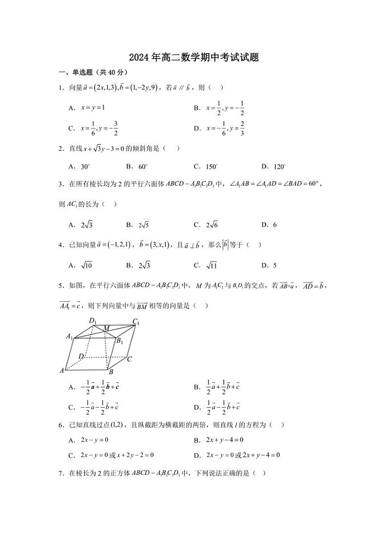 湖南省岳阳市临湘市2024～2025学年高二(上)期中数学试卷(含答案)第1页