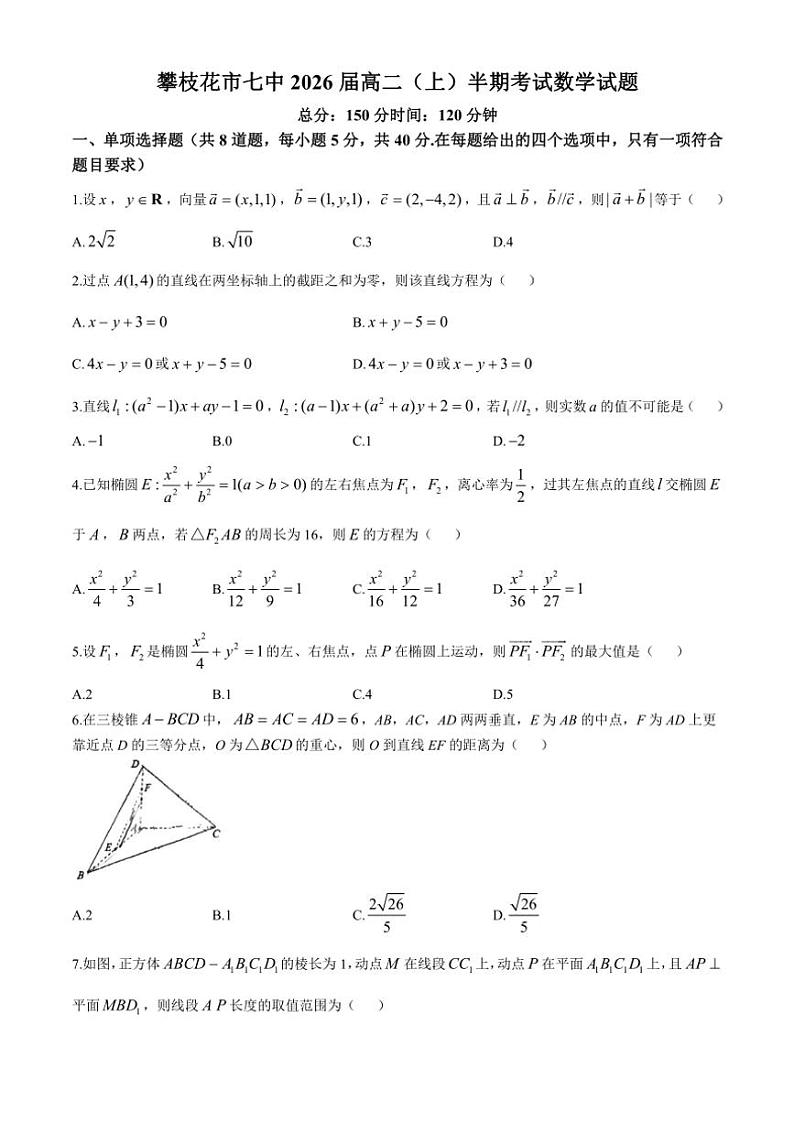 四川省攀枝花市第七高级中学校2024～2025学年高二(上)期中数学试卷(含答案)第1页