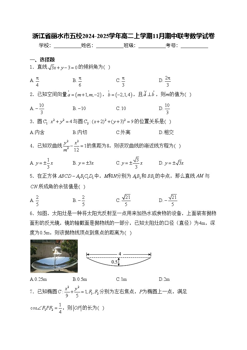 浙江省丽水市五校2024-2025学年高二上学期11月期中联考数学试卷(含答案)第1页