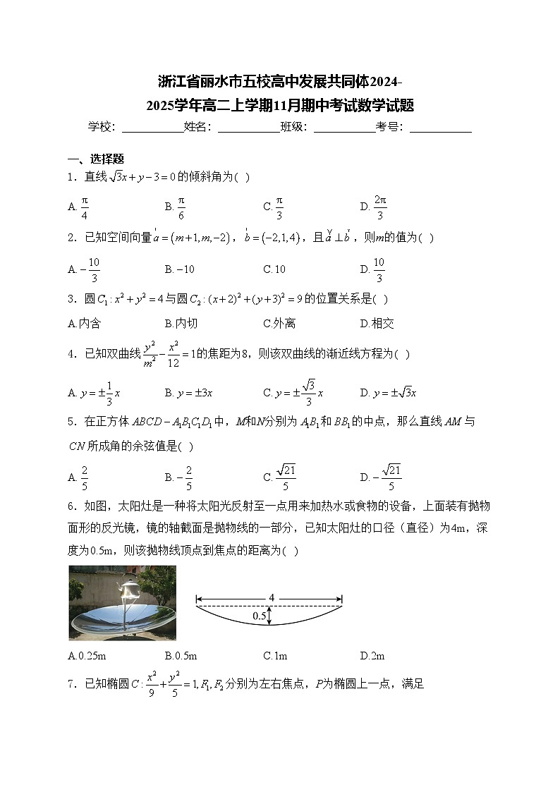 浙江省丽水市五校高中发展共同体2024-2025学年高二上学期11月期中考试数学试题(含答案)第1页