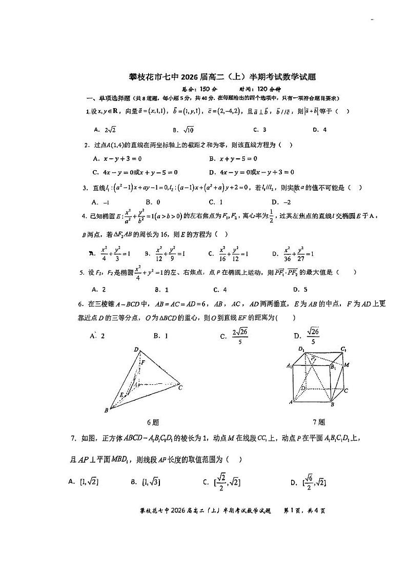 四川省攀枝花市第七高级中学校2024-2025学年高二上学期期中考试数学试卷第1页