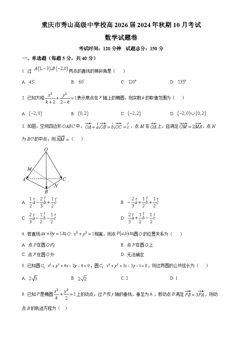 重庆市秀山高级中学校2024-2025学年高二上学期10月月考数学试题 Word版无答案第1页