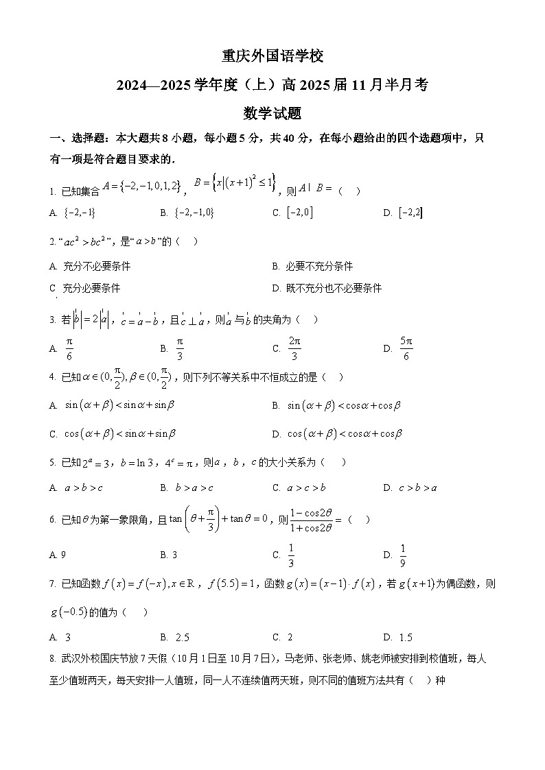 重庆市四川外国语大学附属外国语学校2025届高三上学期11月月考数学试题（Word版附解析）01