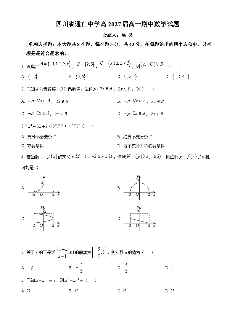 四川省通江中学2024-2025学年高一上学期期中考试数学试题 Word版无答案第1页