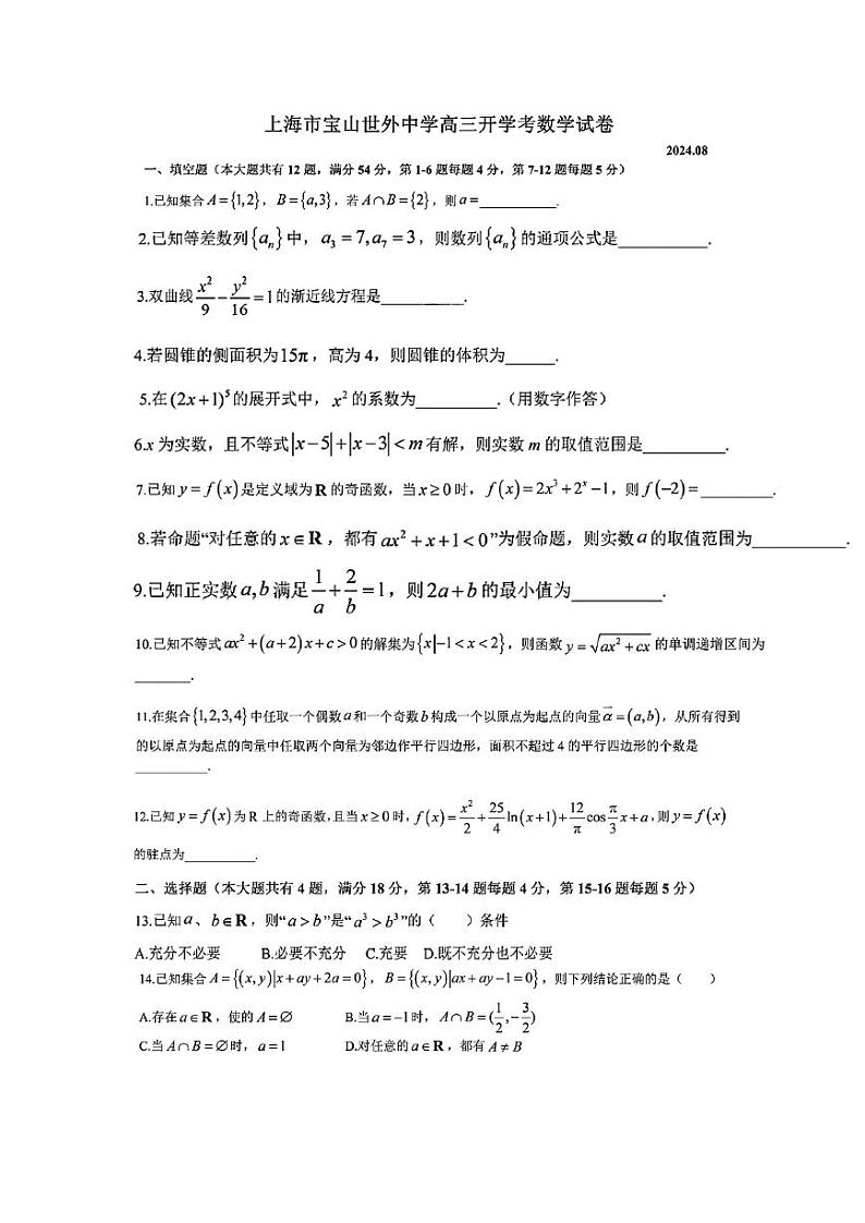 上海市宝山区世外学校2024-2025学年度上学期高三开学考数学试卷第1页
