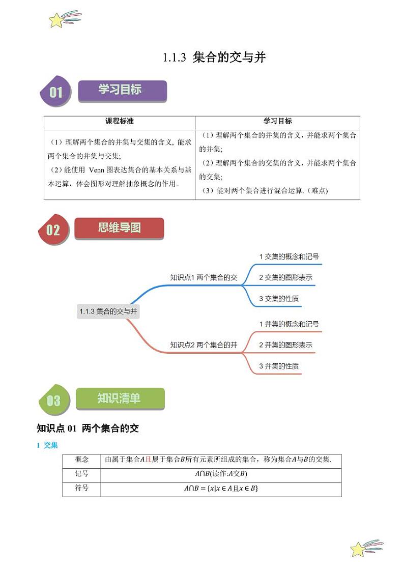 1.1.3集合的交与并（2知识点+7题型+强化训练）（学生版） 2024-2025学年高一数学上学期必修第一册同步学案（自主预习+题型研析+当堂温习+分层练习）（人教A版2019）第1页