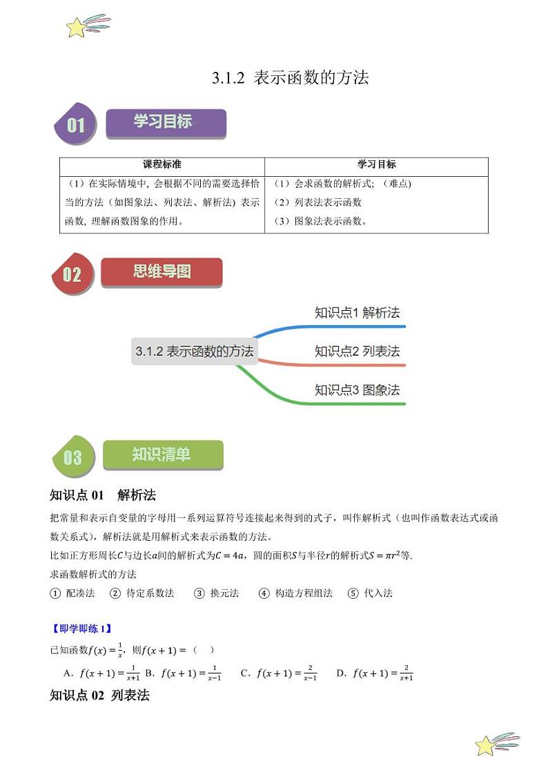 3.1.2表示函数的方法（3知识点+4题型+强化训练）（学生版） 2024-2025学年高一数学上学期必修第一册同步学案（自主预习+题型研析+当堂温习+分层练习）（人教A版2019）第1页