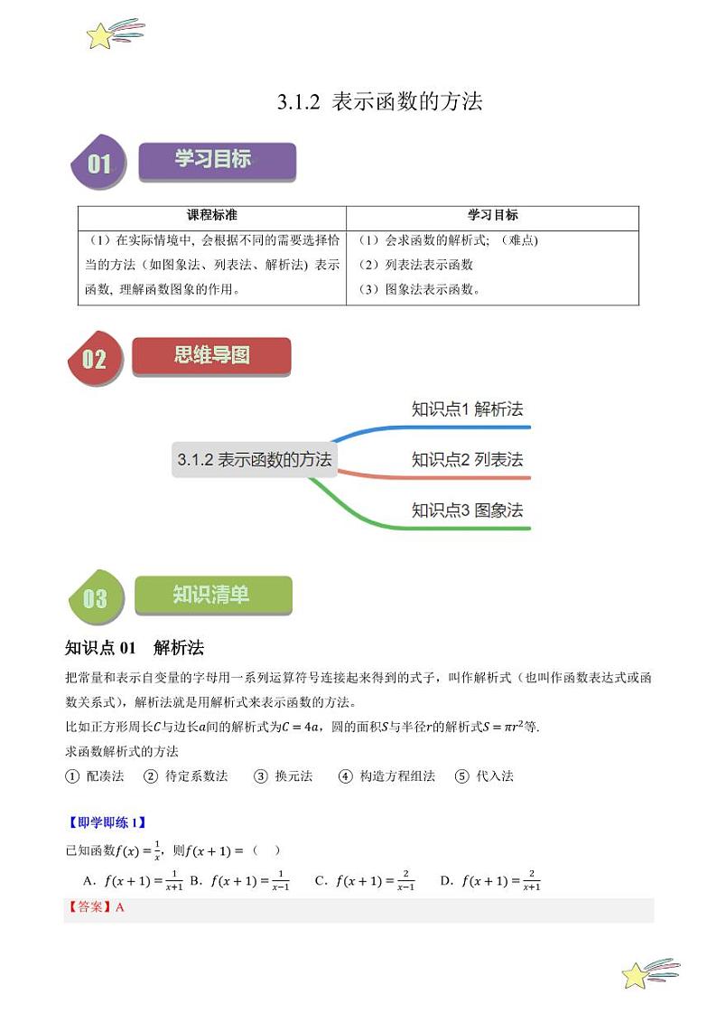 3.1.2表示函数的方法（3知识点+4题型+强化训练）（教师版） 2024-2025学年高一数学上学期必修第一册同步学案（自主预习+题型研析+当堂温习+分层练习）（人教A版2019）第1页