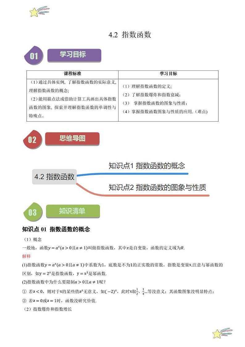 4.2指数函数（2知识点+9题型+强化训练）（教师版） 2024-2025学年高一数学上学期必修第一册同步学案（自主预习+题型研析+当堂温习+分层练习）（人教A版2019）第1页