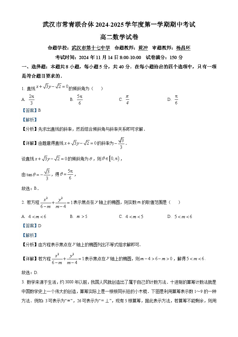 湖北省武汉市常青联合体2024-2025学年高二上学期期中考试数学试卷 Word版含解析第1页