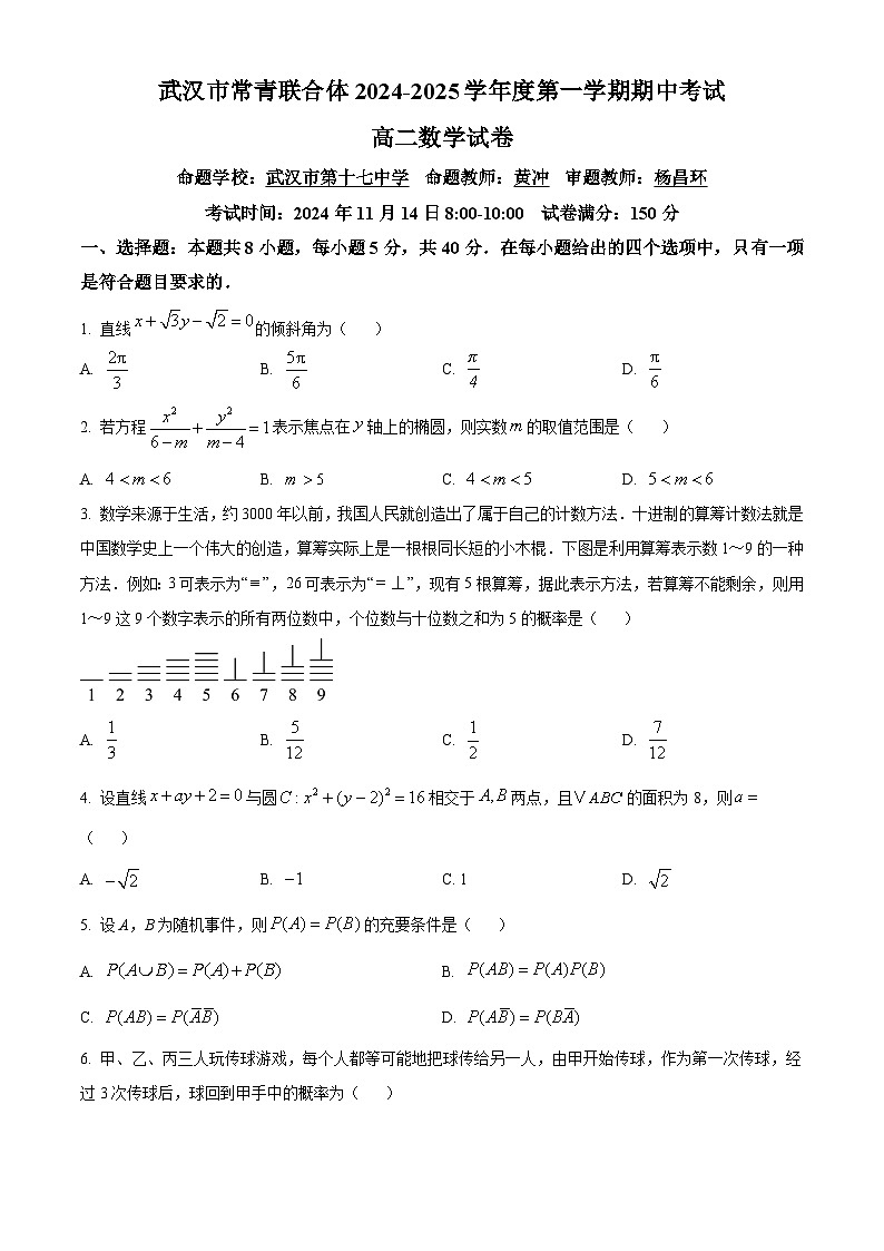 湖北省武汉市常青联合体2024-2025学年高二上学期期中考试数学试卷 Word版无答案第1页