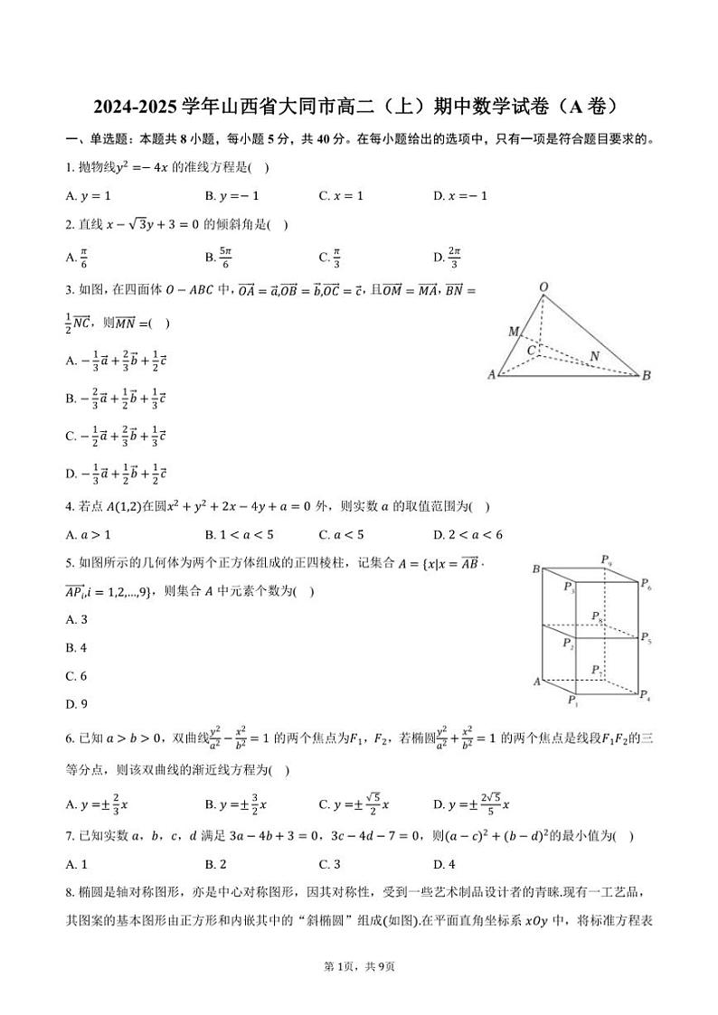 2024～2025学年山西省大同市高二(上)期中数学试卷(A卷)(含答案)第1页
