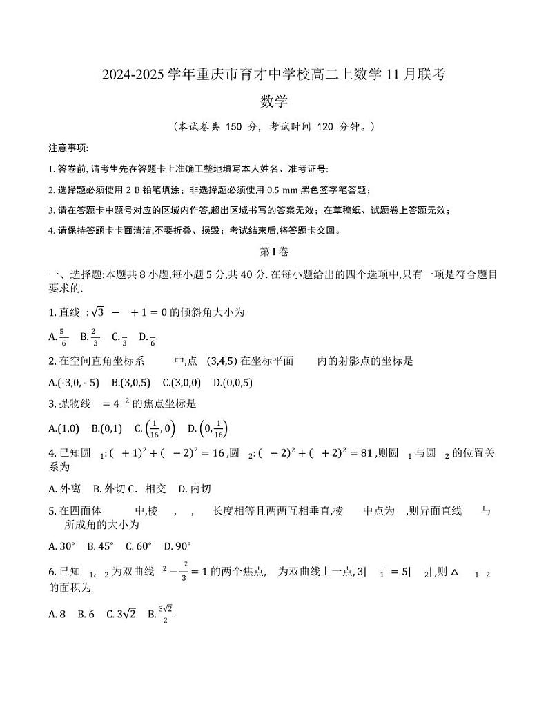 重庆市育才中学校2024-2025学年高二上学期11月联考数学试卷第1页