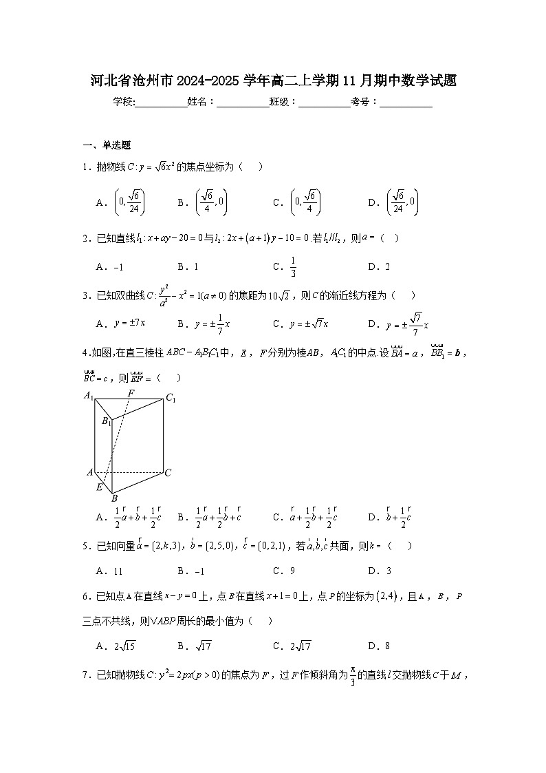 河北省沧州市2024-2025学年高二上学期11月期中 数学试题（含解析）第1页