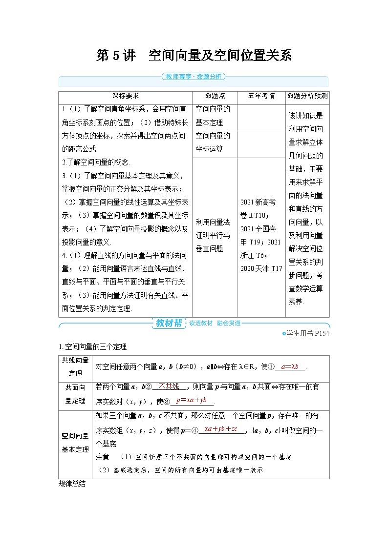 备战2025年高考数学精品教案第七章立体几何与空间向量第5讲空间向量及空间位置关系（Word版附解析）第1页