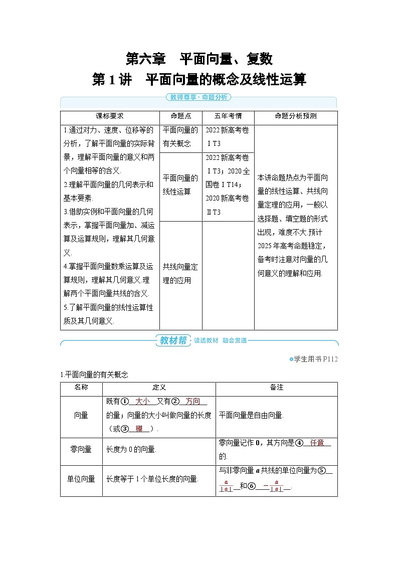 备战2025年高考数学精品教案第六章平面向量、复数第1讲平面向量的概念及线性运算（Word版附解析）第1页