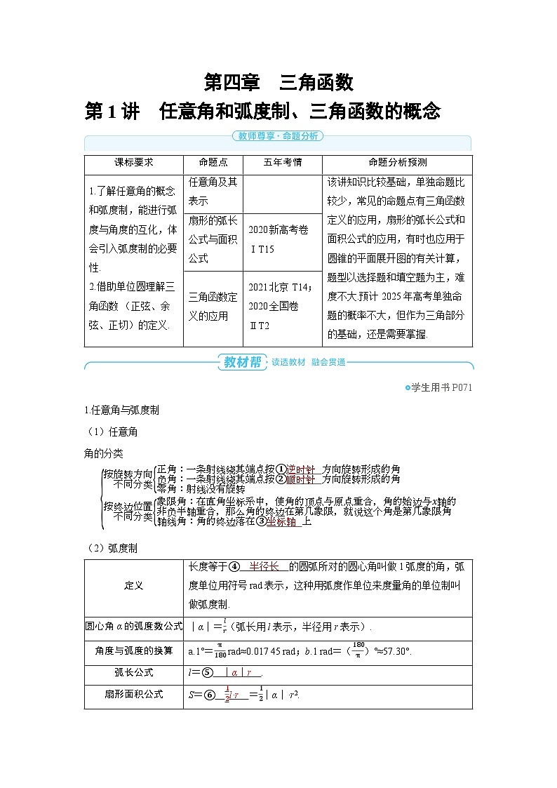 备战2025年高考数学精品教案第四章三角函数第1讲任意角和弧度制、三角函数的概念（Word版附解析）第1页