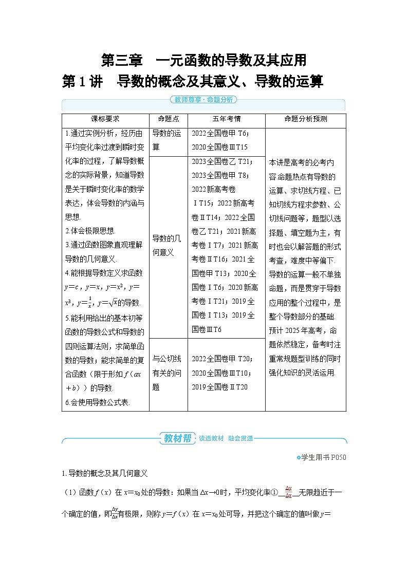 备战2025年高考数学精品教案第三章一元函数的导数及其应用第1讲导数的概念及其意义、导数的运算（Word版附解析）第1页