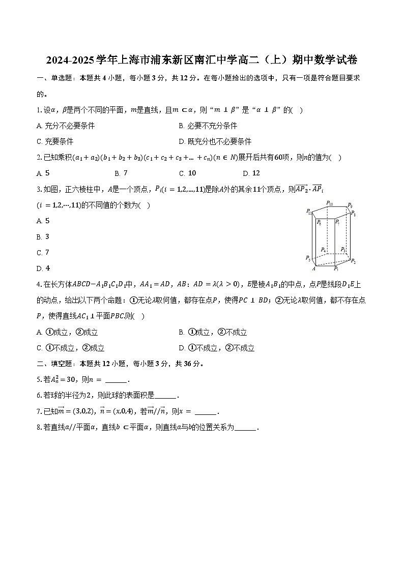 2024-2025学年上海市浦东新区南汇中学高二（上）期中数学试卷（含答案）第1页