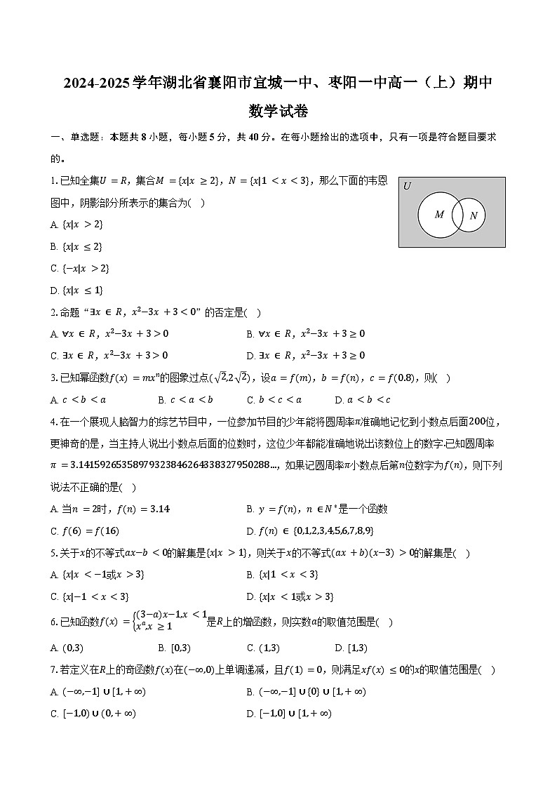 2024-2025学年湖北省襄阳市宜城一中、枣阳一中高一（上）期中数学试卷（含答案）第1页