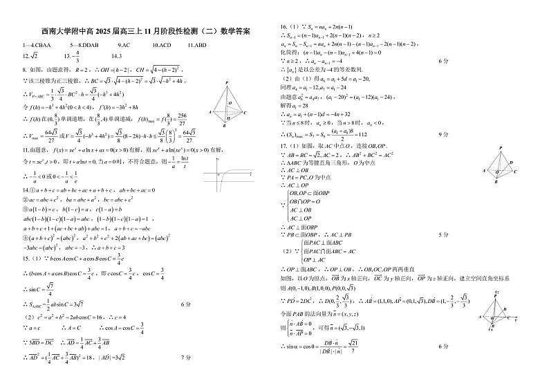重庆西南大学附属中学2024年高三年级上学期11月阶段检测考试数学（二）答案解析第1页