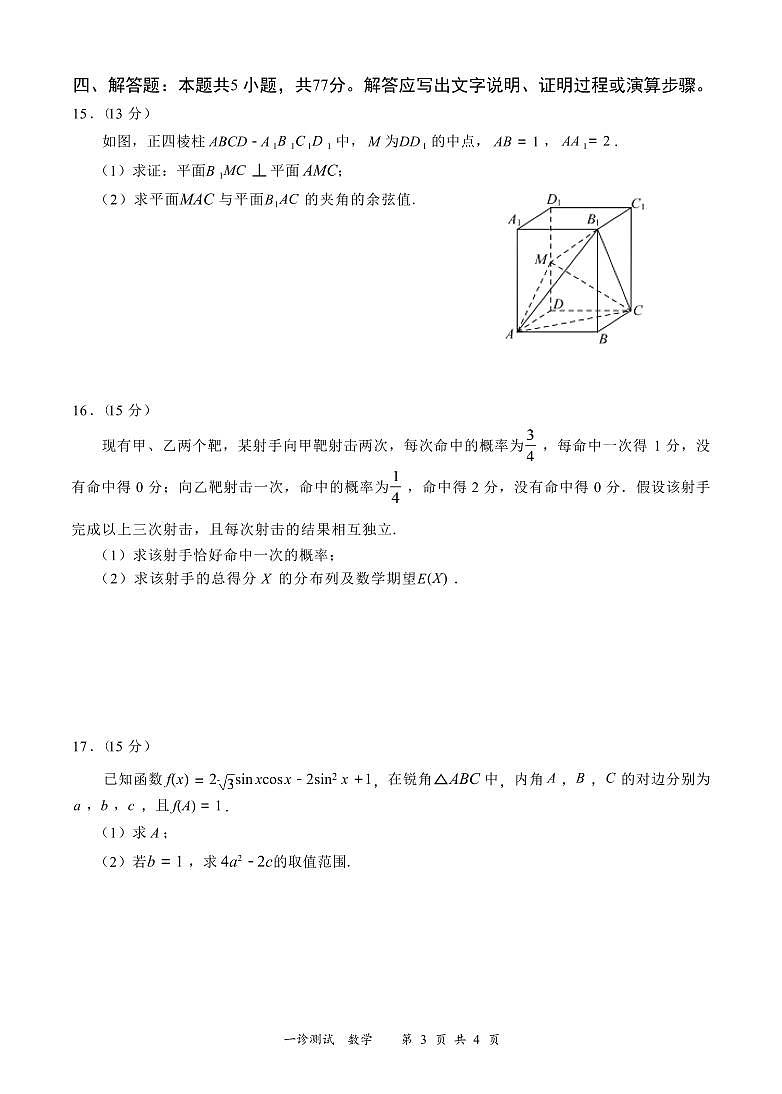 数学丨四川省宜宾市2025届高三上学期11月第一次诊断性考试（宜宾一诊）数学试卷及答案第3页