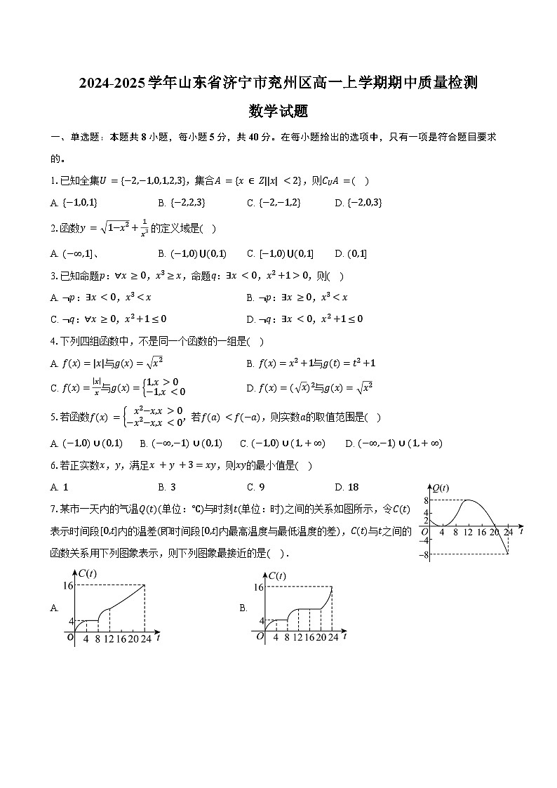 2024-2025学年山东省济宁市兖州区高一上学期期中质量检测数学试题（含答案）第1页