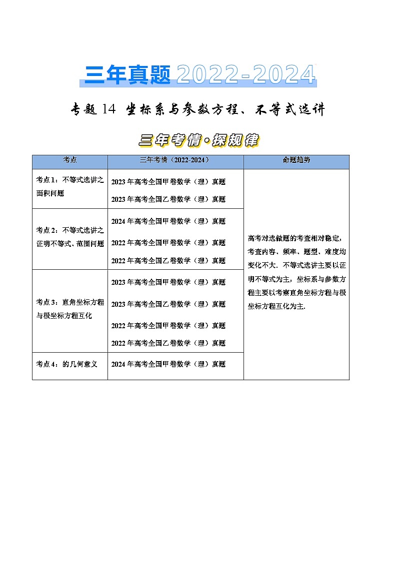 三年高考真题（2022-2024）分类汇编 数学 专题14 坐标系与参数方程、不等式选讲（四大考点） 含解析第1页