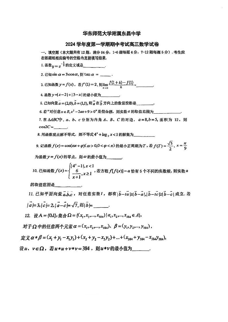 上海市华东师范大学附属东昌中学2024-2025学年高三上学期期中考试数学试卷第1页