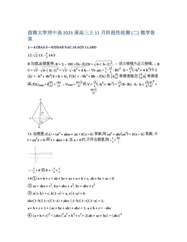重庆西南大学附属中学2024年高三年级上学期11月阶段检测考试数学（二）答案解析第1页