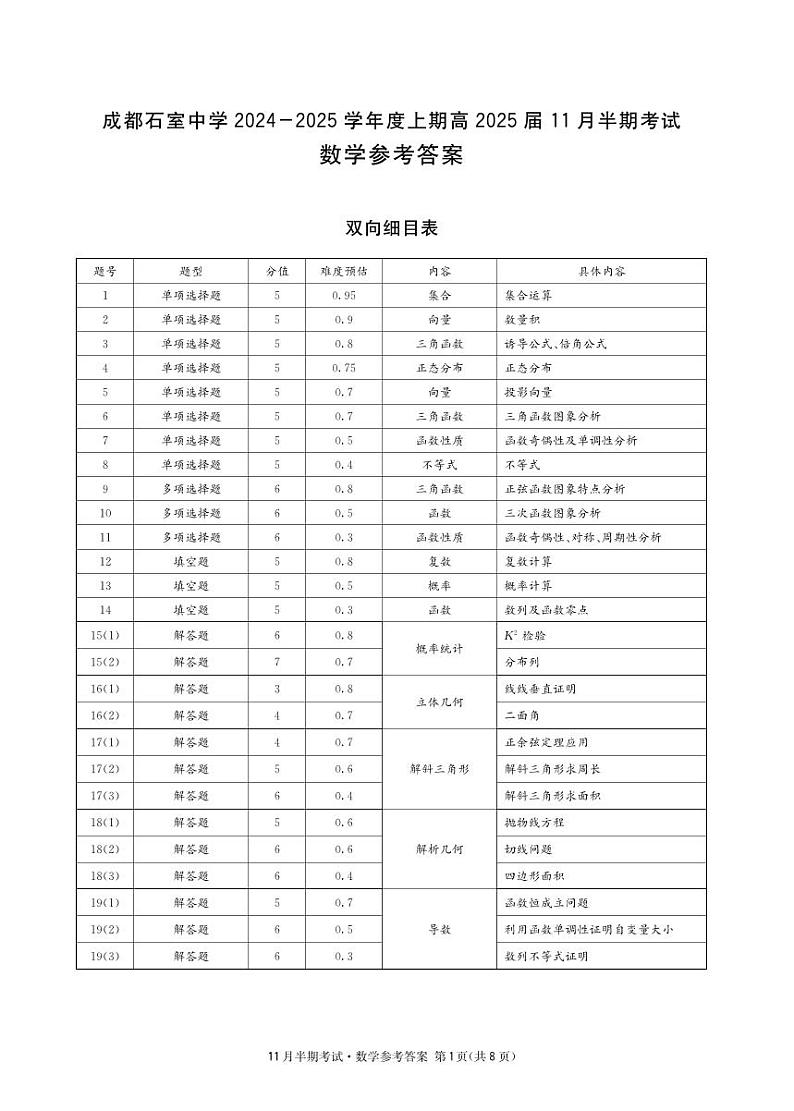 四川省成都市石室中学2024-2025学年高三上学期期中考试数学答案第1页