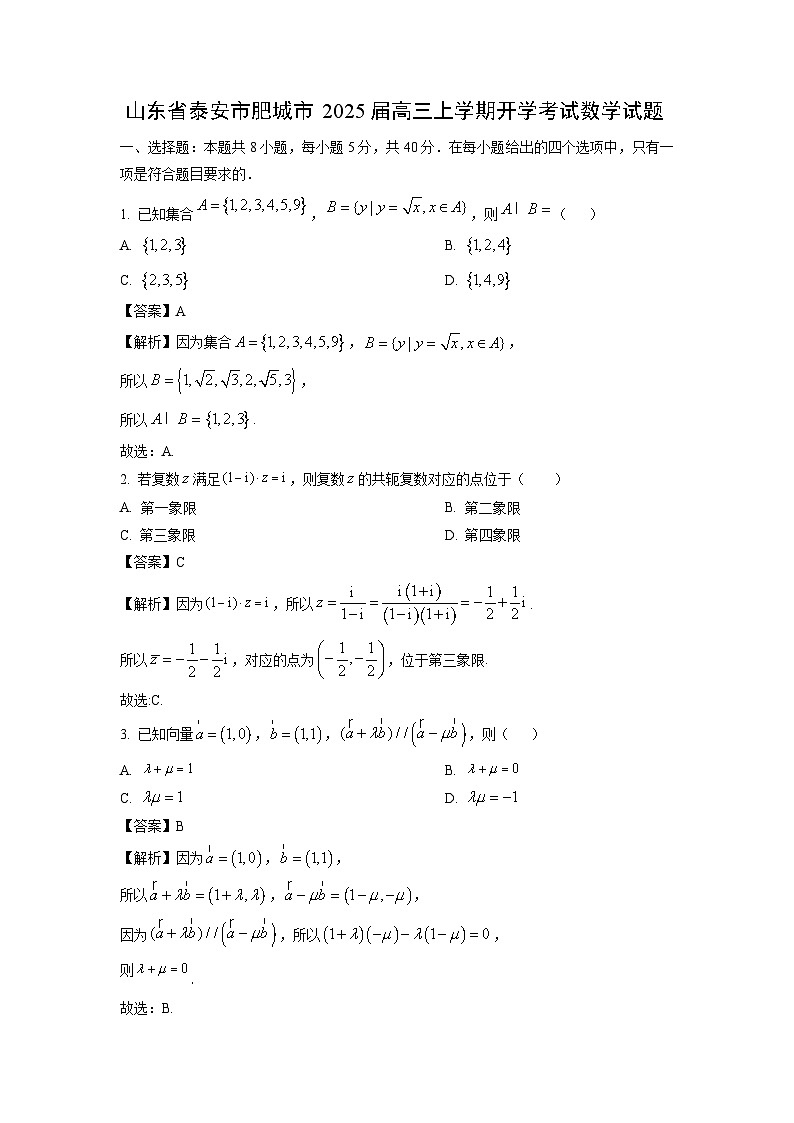 2025届山东省泰安市肥城市高三(上)开学考试数学试卷(解析版)第1页