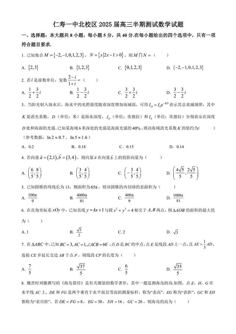 四川省眉山市仁寿第一中学校(北校区)2025届高三(上)期中数学试卷(含答案)第1页