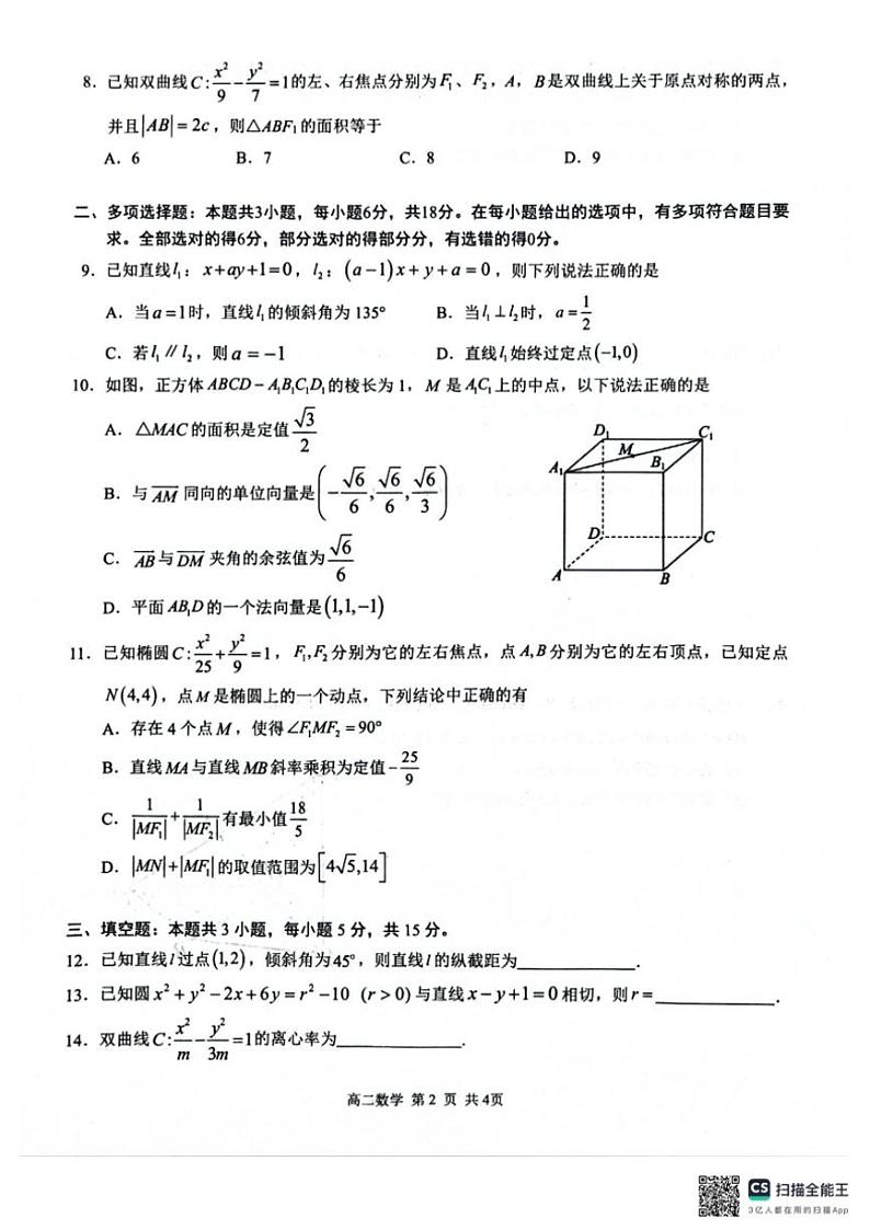 广西壮族自治区河池市十校协作体2024～2025学年高二(上)第二次联考数学试卷(含解析)第2页