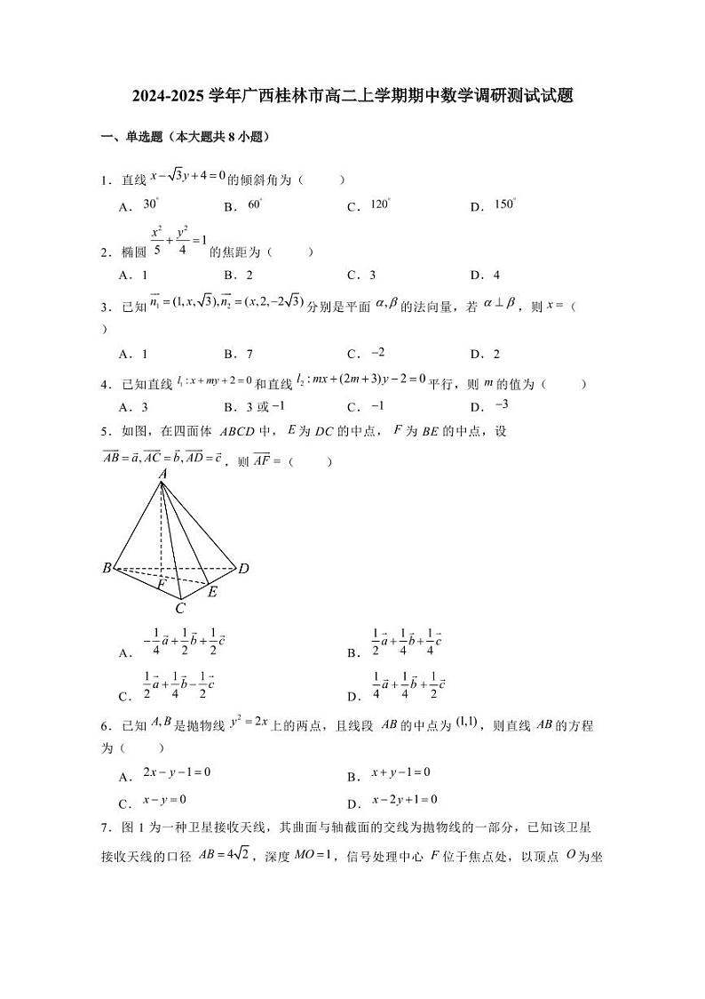 2024-2025学年广西桂林市高二上学期期中数学调研测试试题（含解析）第1页